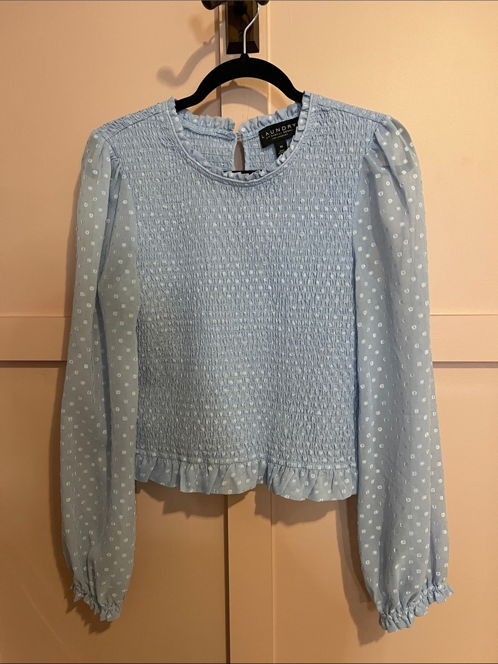 Laundry By Shelli Segal Light Blue Smocked Polka-Dot Long Sleeve Top